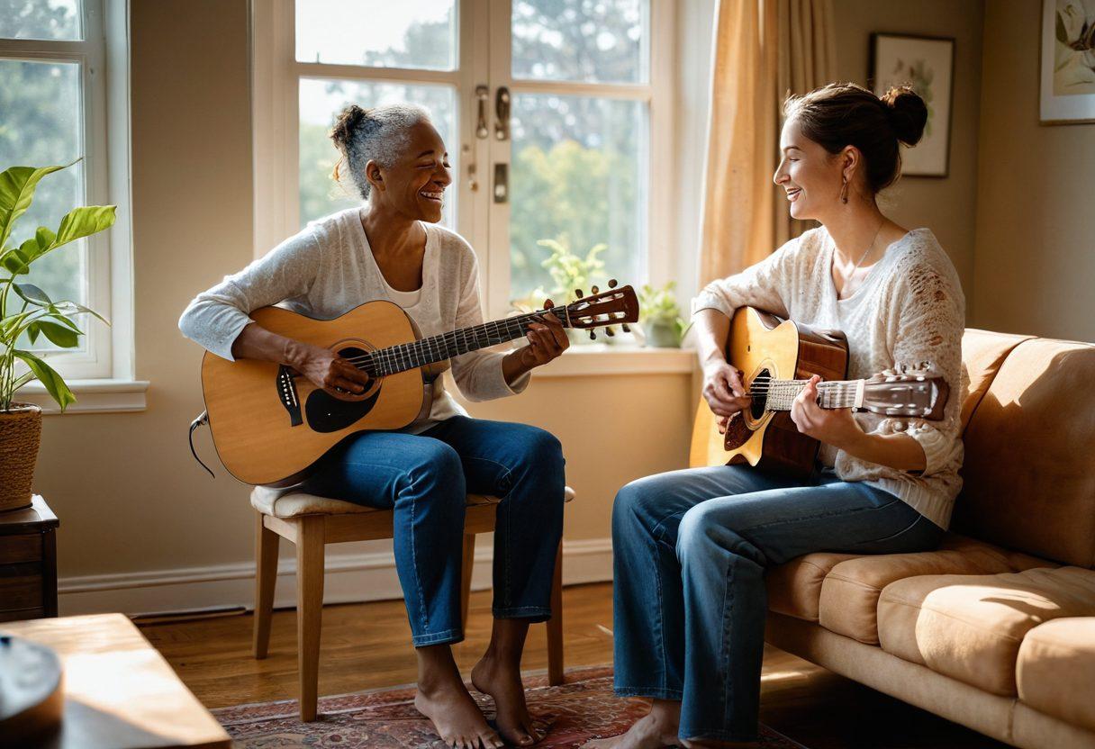 A serene music therapy session in a cozy room, with a gentle glow of sunlight streaming through the window. A cancer patient, surrounded by musical instruments, shares a joyful moment with a therapist who plays a guitar. Emphasize the connection between them, with soft notes visibly floating in the air, symbolizing healing and hope. Include vibrant colors to represent positivity and resilience. super-realistic. warm tones.