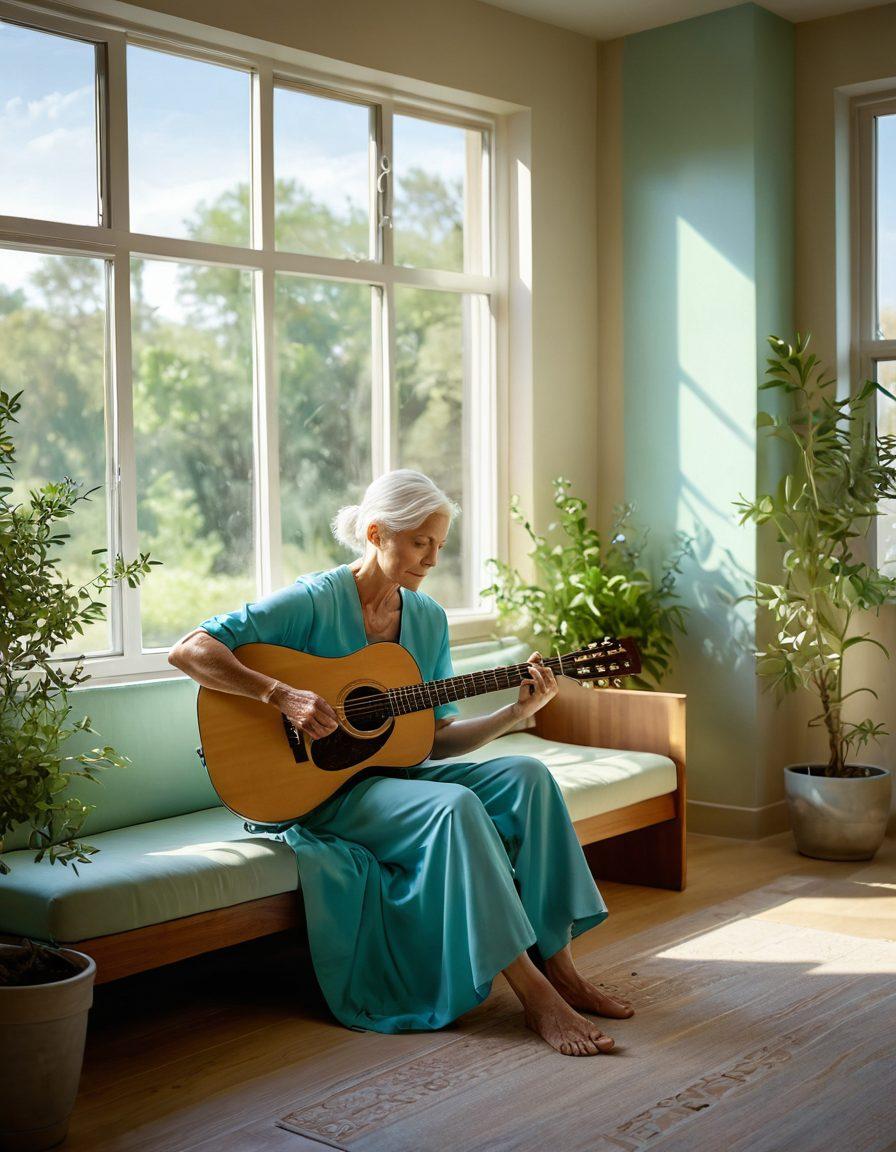 A serene scene depicting a cancer care setting where a therapist plays a soothing melody on a guitar for patients. Soft light filters through windows, illuminating patients, some in beds, others sitting cross-legged, all lost in the music. Incorporate notes and symbols of harmony swirling around, blending the themes of hope and healing. The background features gentle hues of blues and greens, symbolizing tranquility. super-realistic. vibrant colors. soft lighting.