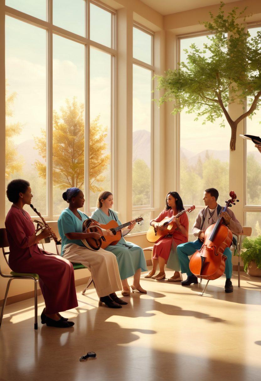 A serene hospital scene featuring a diverse group of patients enjoying live music therapy with various instruments, while healthcare professionals engage positively with them. Soft light filters through a window, illuminating joyful expressions and vibrant colors. Include elements like sheet music and a tree symbolizing growth and healing in the background. super-realistic. vibrant colors. 3D.